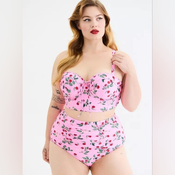 Torrid Retro Chic High-Rise Ruched Swim Bottom Pink Cheery Cherry 1X Nwt - Picture 3 of 6